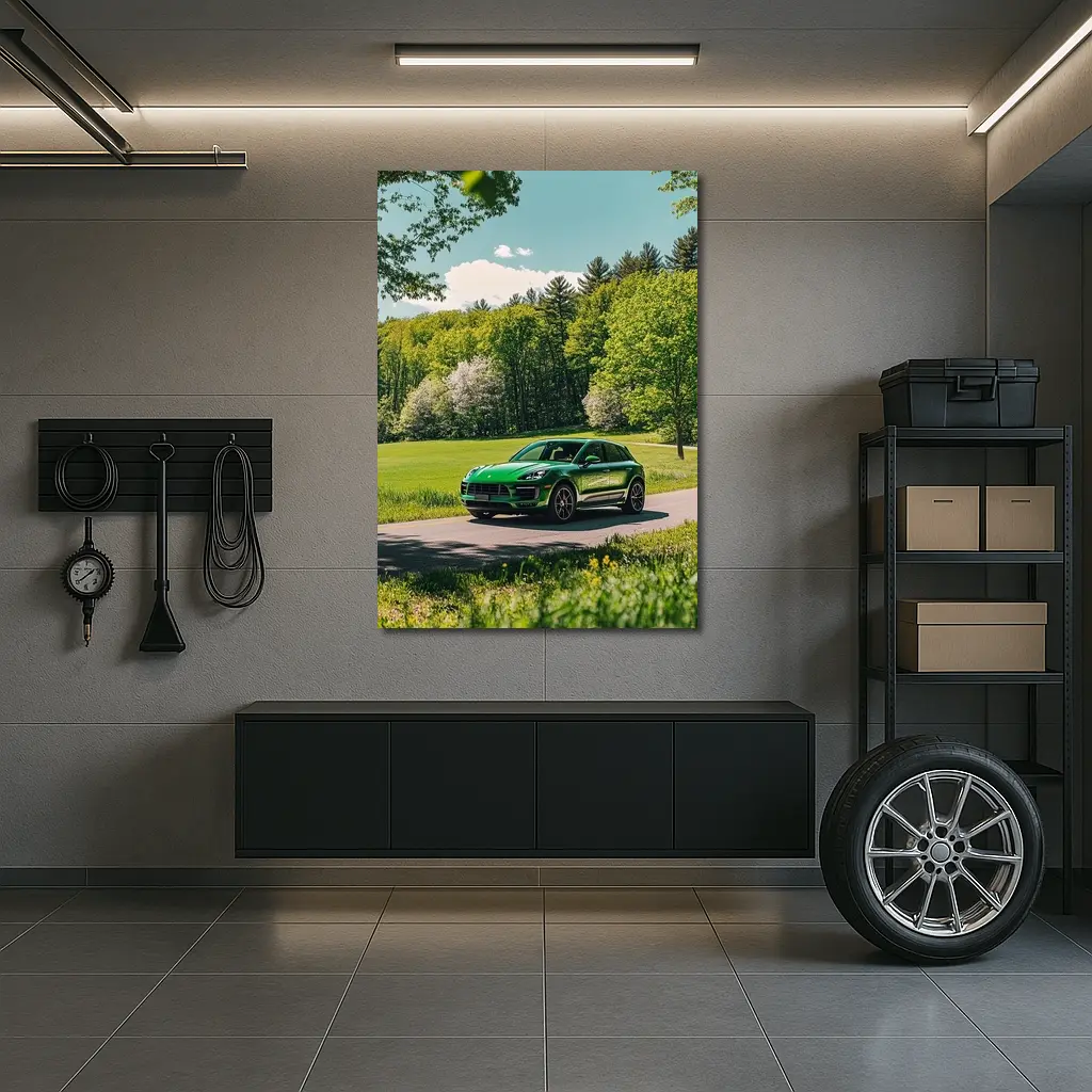 Green Porsche Macan On Sunny Country Road – Wall Art