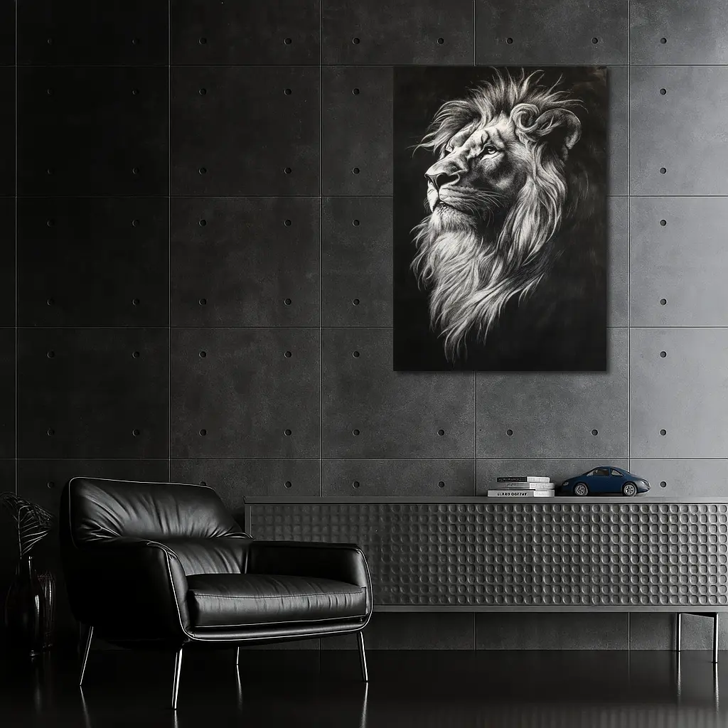 Lion Portrait Black and White Charcoal Art – Wall Art