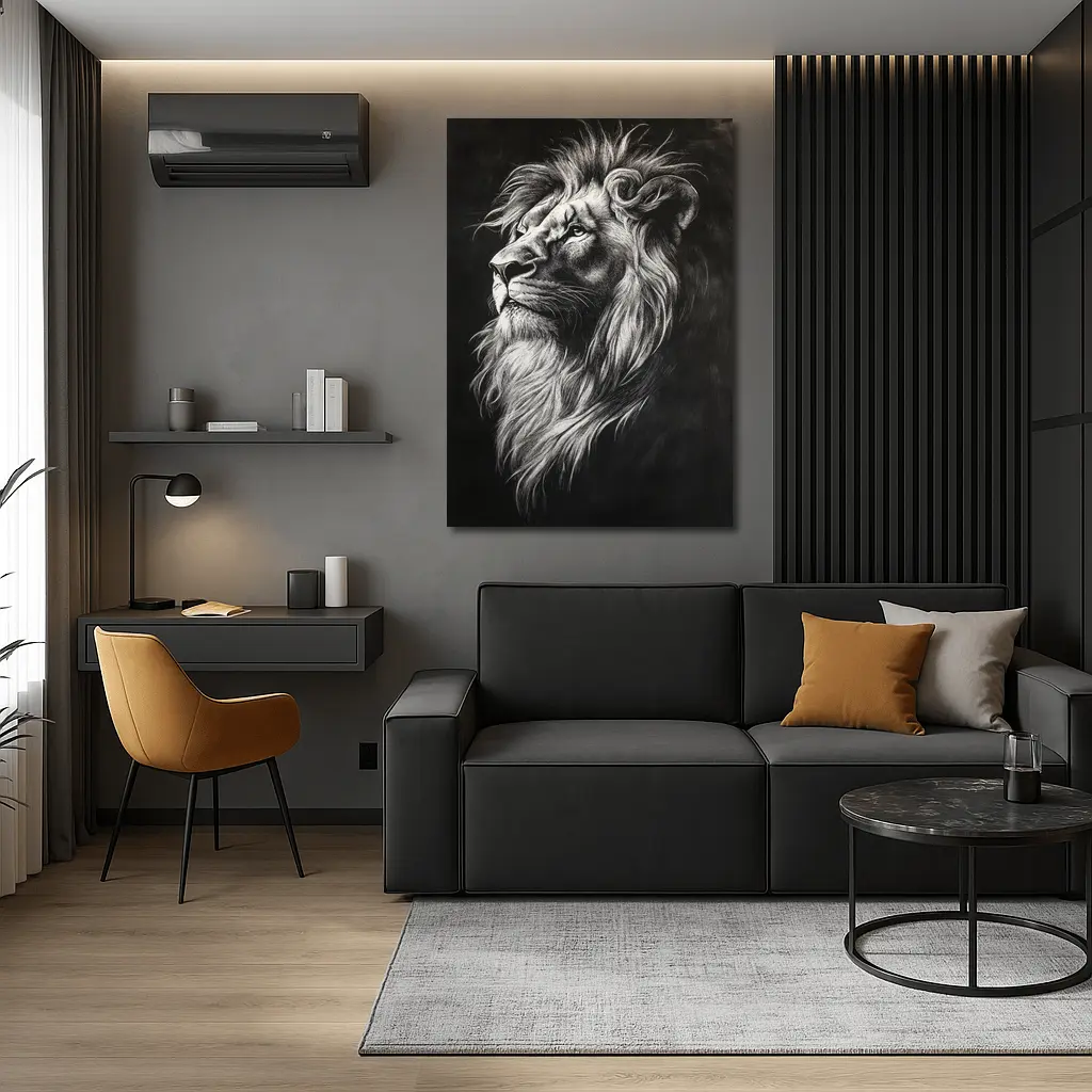 Lion Portrait Black and White Charcoal Art – Wall Art