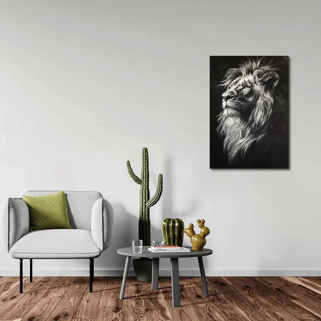 Lion Portrait Black and White Charcoal Art – Wall Art