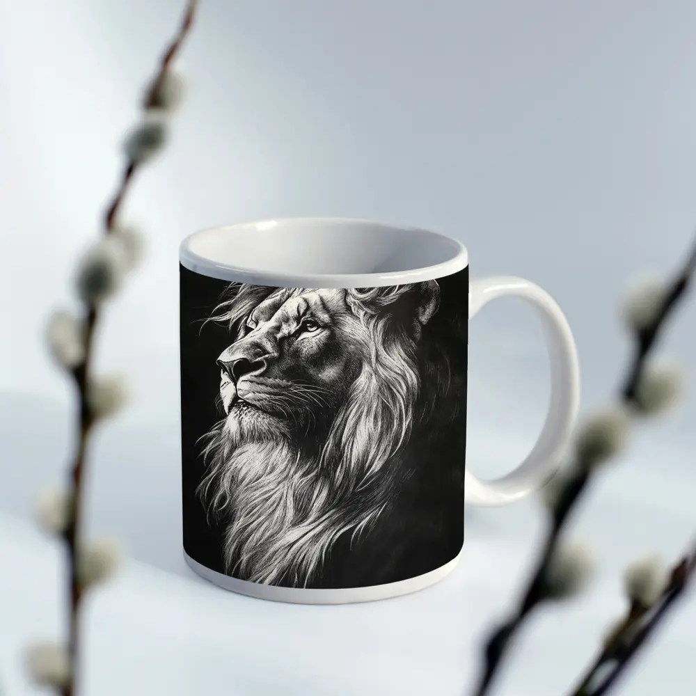 Lion Portrait Black and White Charcoal Art – Mugs