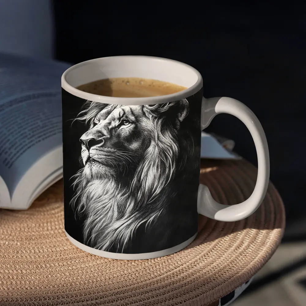 Lion Portrait Black and White Charcoal Art – Mugs