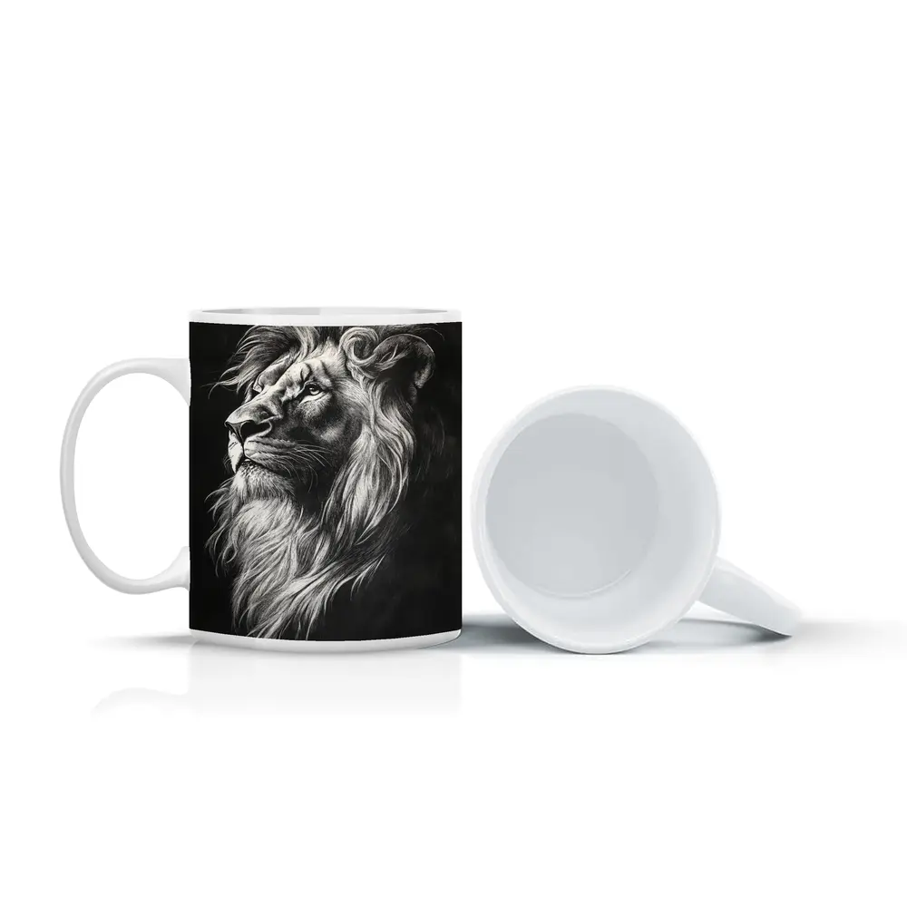 Lion Portrait Black and White Charcoal Art – Mugs