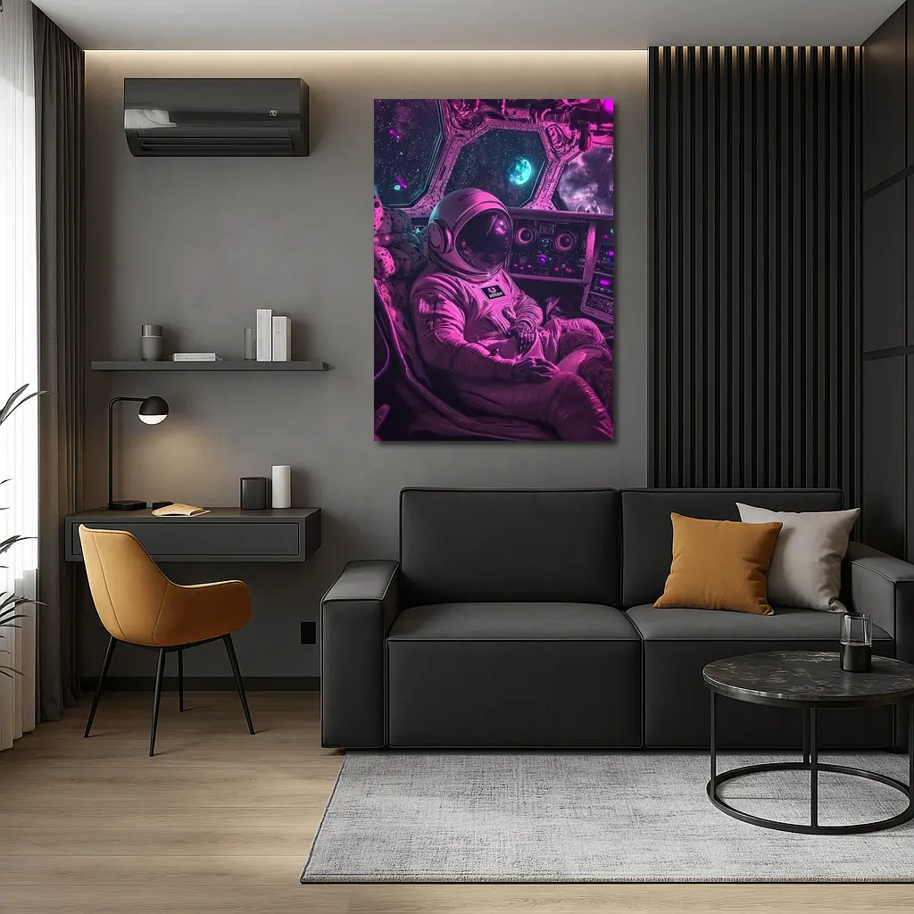 Astronaut Relaxing Inside Neon Space Cockpit – Wall Art