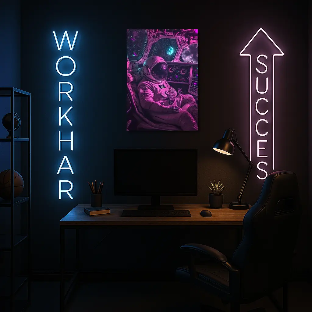 Astronaut Relaxing Inside Neon Space Cockpit – Wall Art