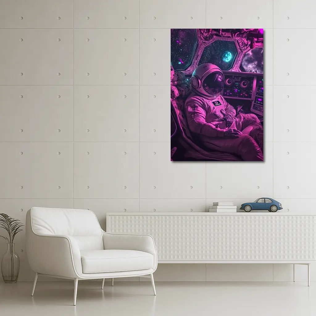 Astronaut Relaxing Inside Neon Space Cockpit – Wall Art