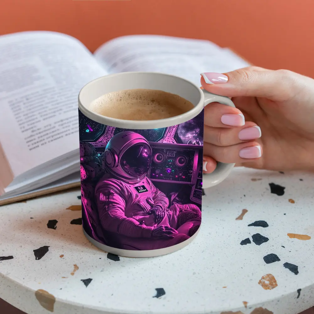 Astronaut Relaxing Inside Neon Space Cockpit – Mugs