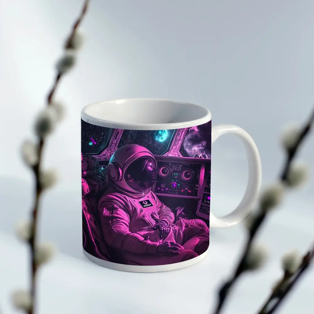 Astronaut Relaxing Inside Neon Space Cockpit – Mugs
