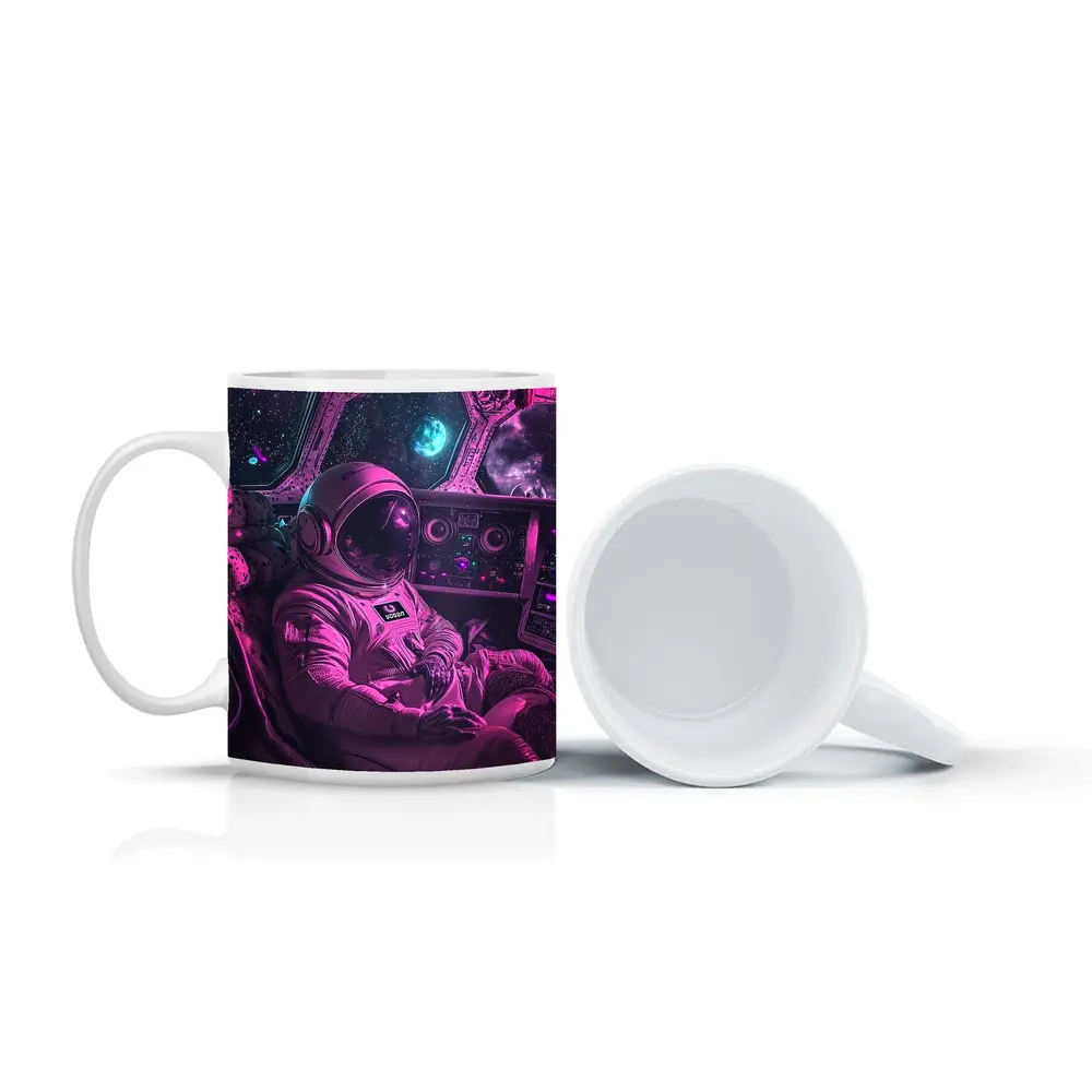 Astronaut Relaxing Inside Neon Space Cockpit – Mugs