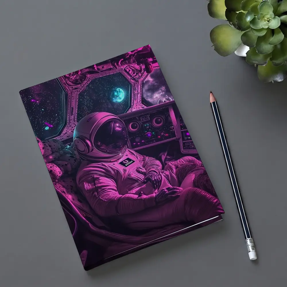 Astronaut Relaxing Inside Neon Space Cockpit – Notebooks