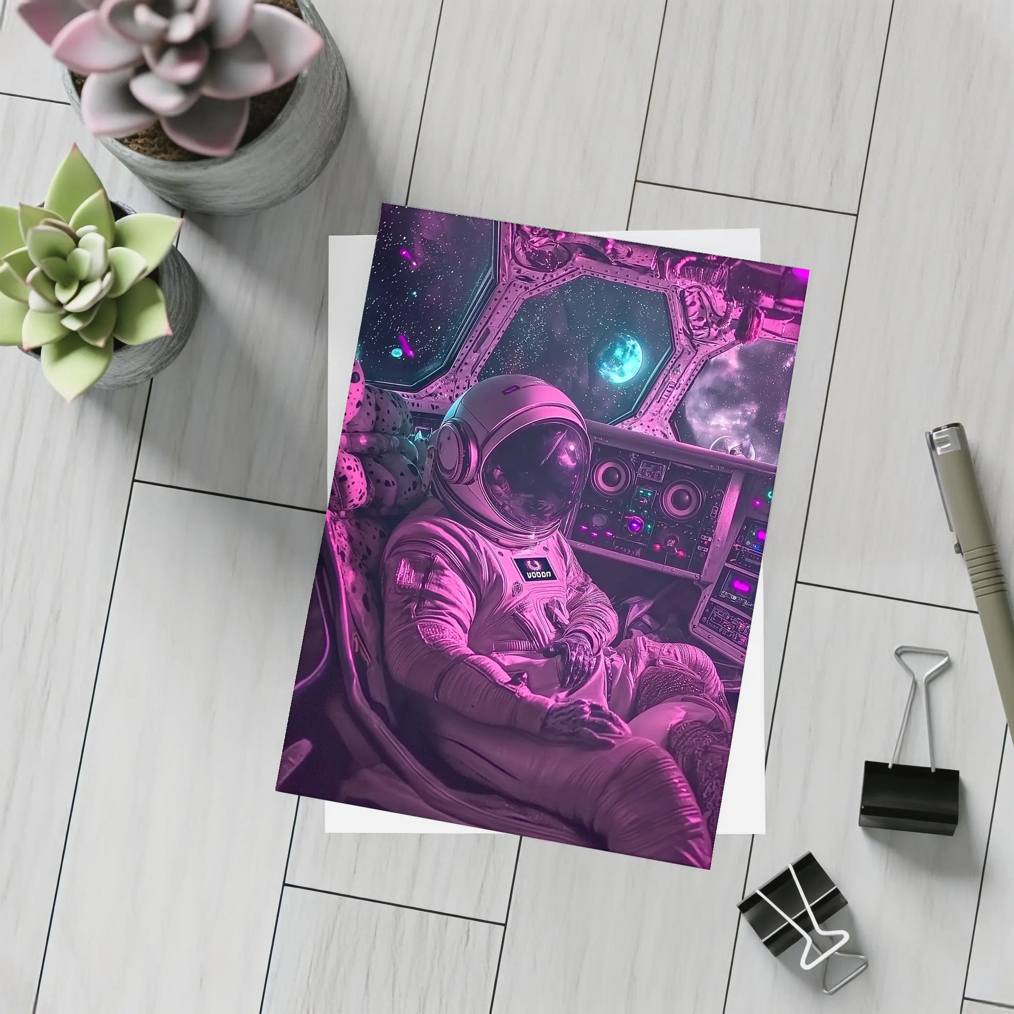 Astronaut Relaxing Inside Neon Space Cockpit – Postcards