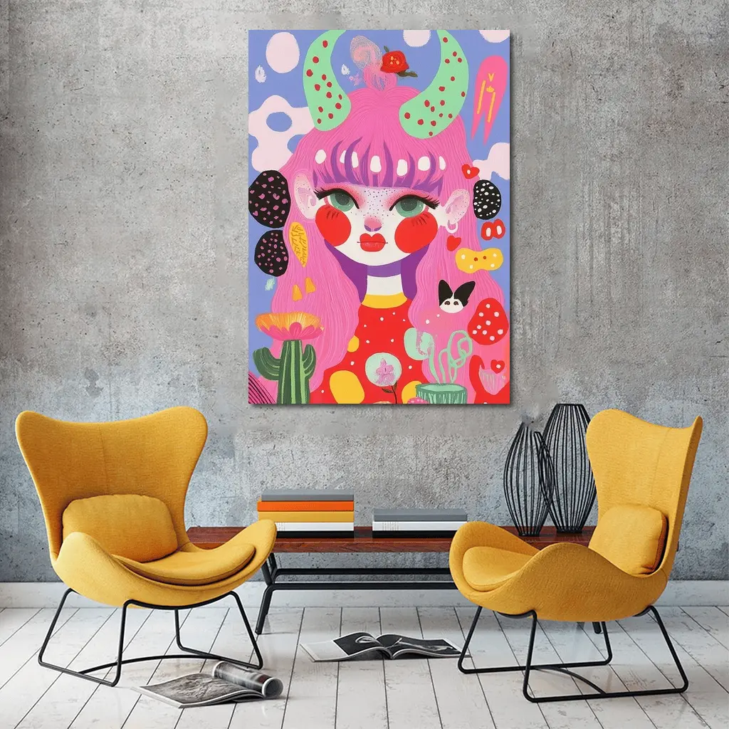 Pink Hair Girl Fantasy Pop Art Illustration – Wall Art