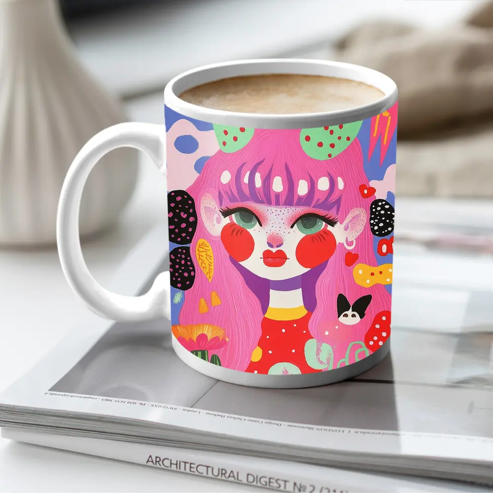 Pink Hair Girl Fantasy Pop Art Illustration – Mugs