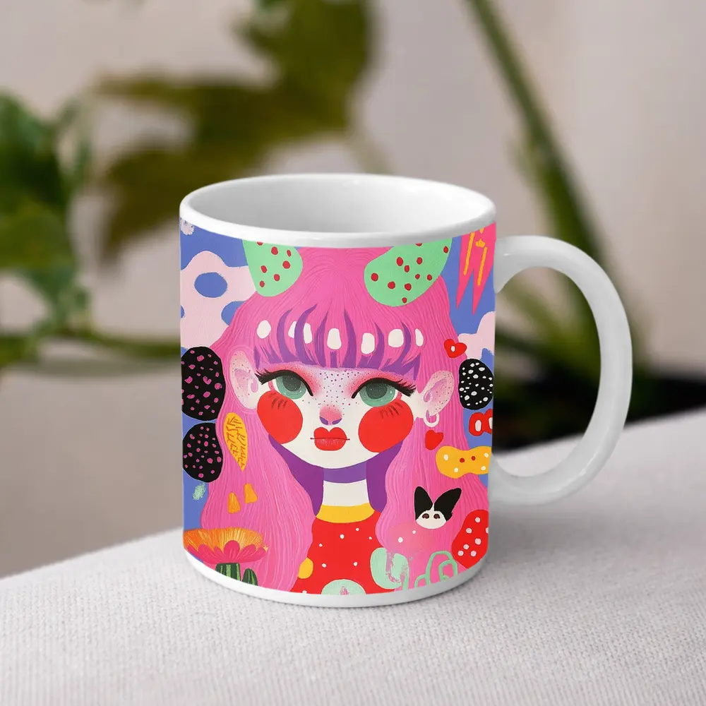 Pink Hair Girl Fantasy Pop Art Illustration – Mugs