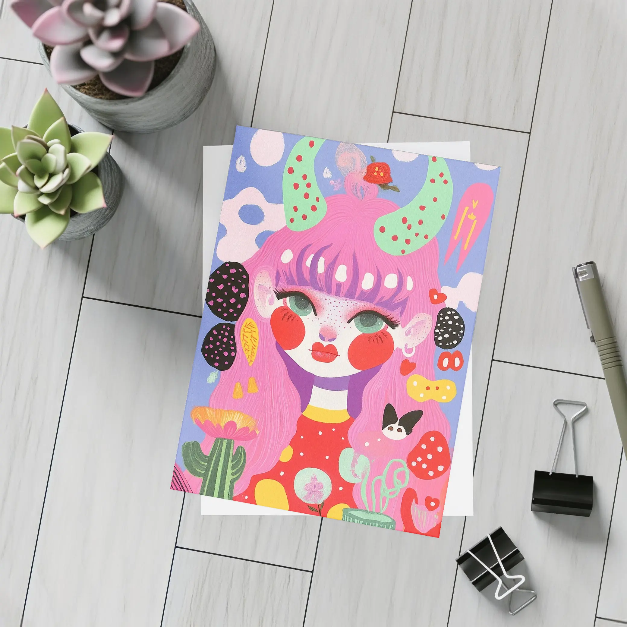 Pink Hair Girl Fantasy Pop Art Illustration – Postcards