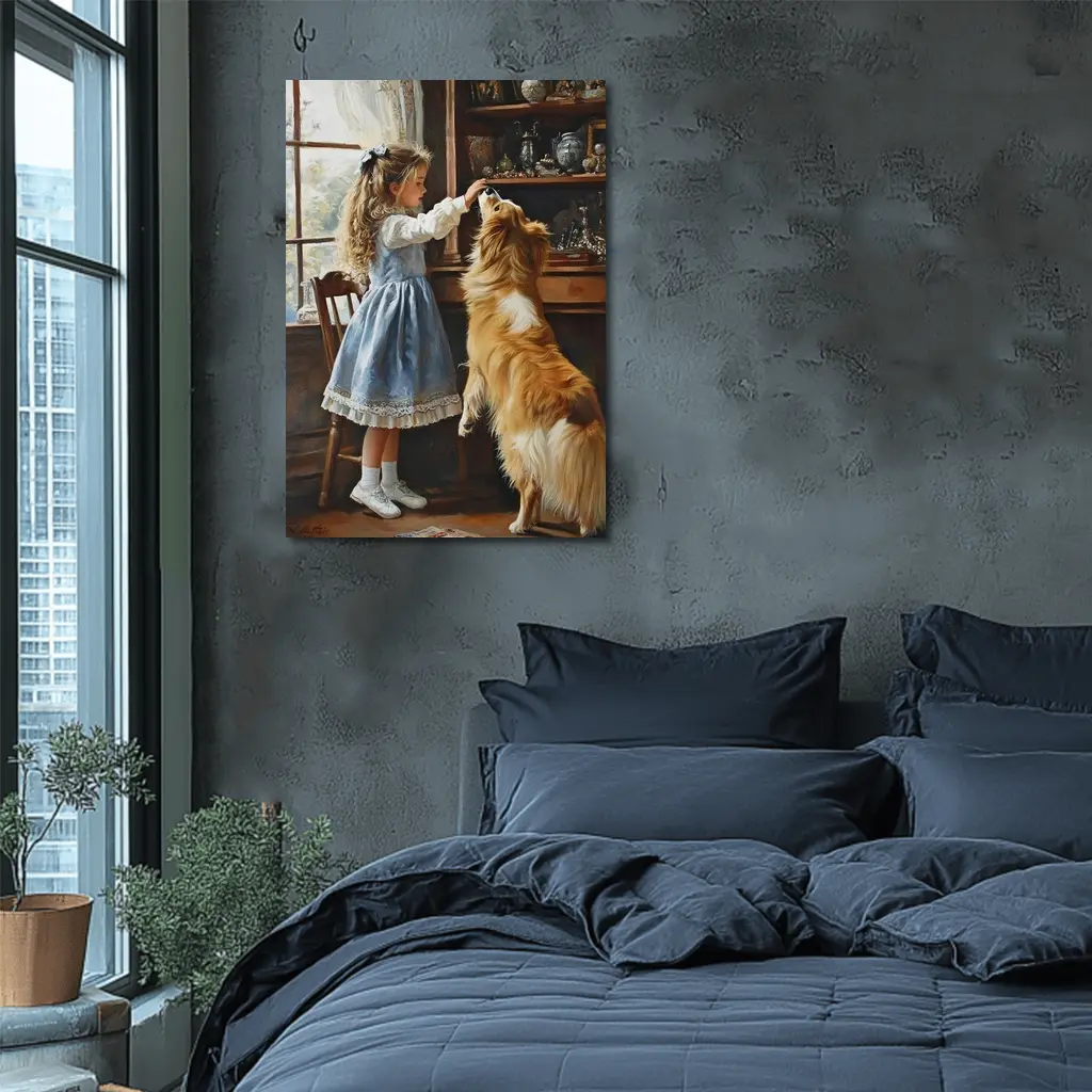 Girl Feeding Collie Dog Indoors Painting – Wall Art