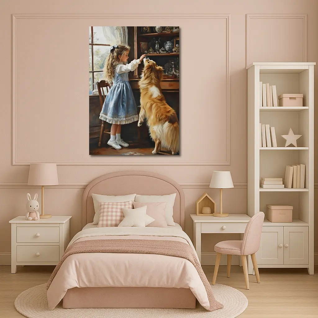 Girl Feeding Collie Dog Indoors Painting – Wall Art