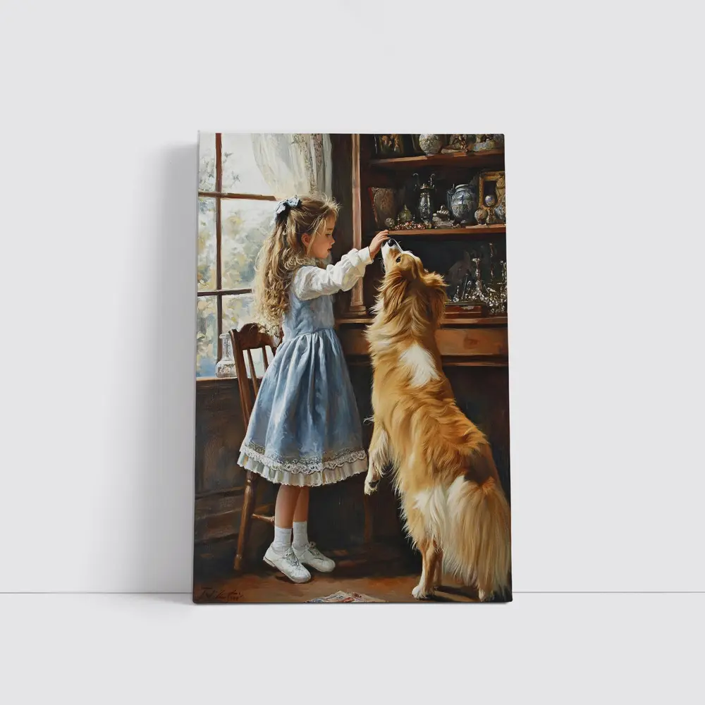Girl Feeding Collie Dog Indoors Painting – Wall Art