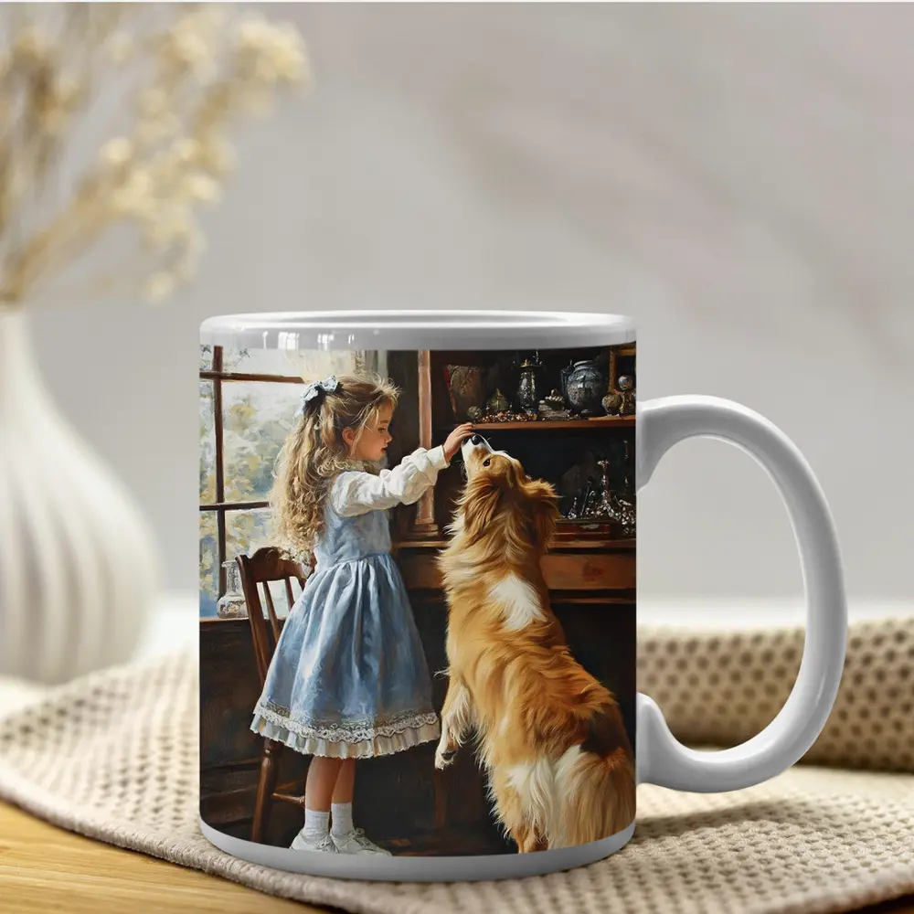 Girl Feeding Collie Dog Indoors Painting – Mugs