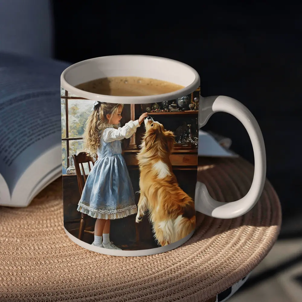 Girl Feeding Collie Dog Indoors Painting – Mugs