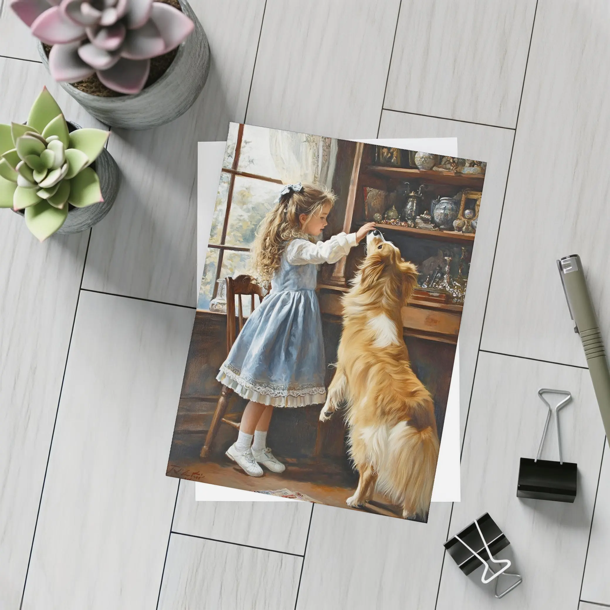 Girl Feeding Collie Dog Indoors Painting – Postcards