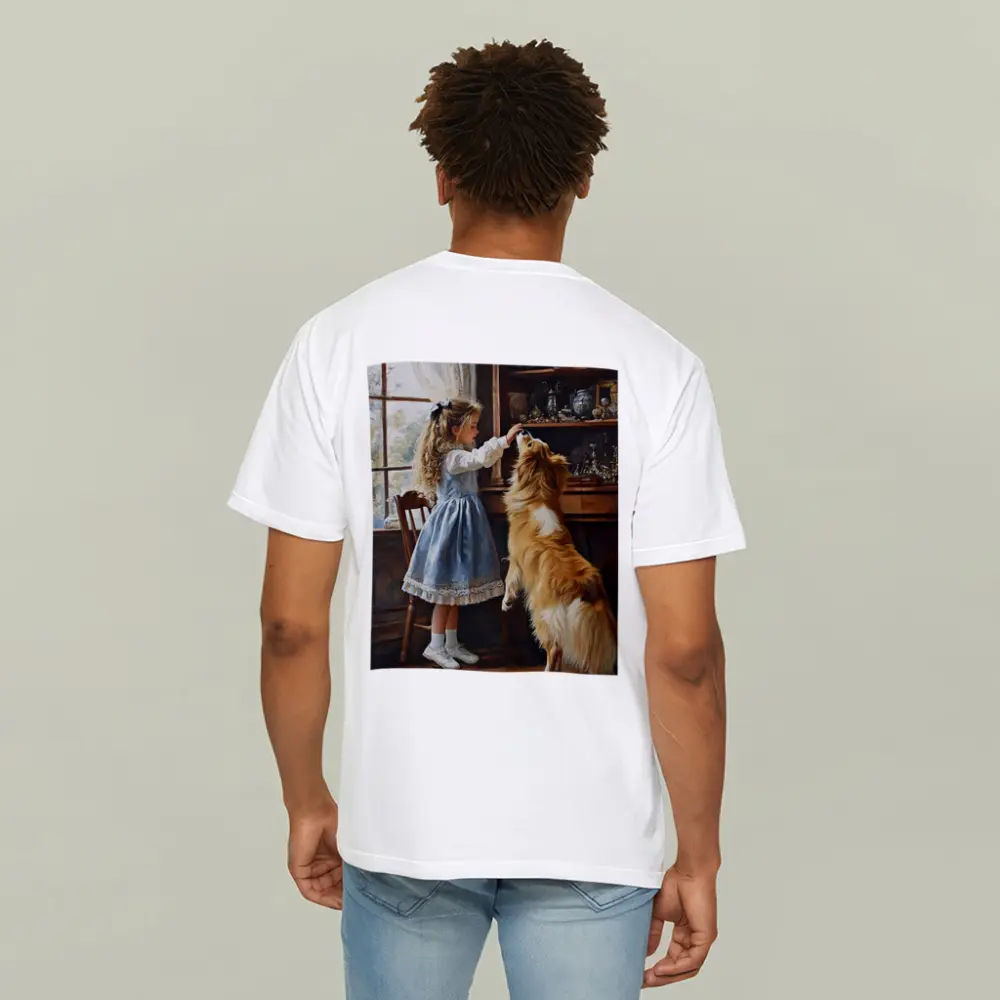 Girl Feeding Collie Dog Indoors Painting – T-Shirts