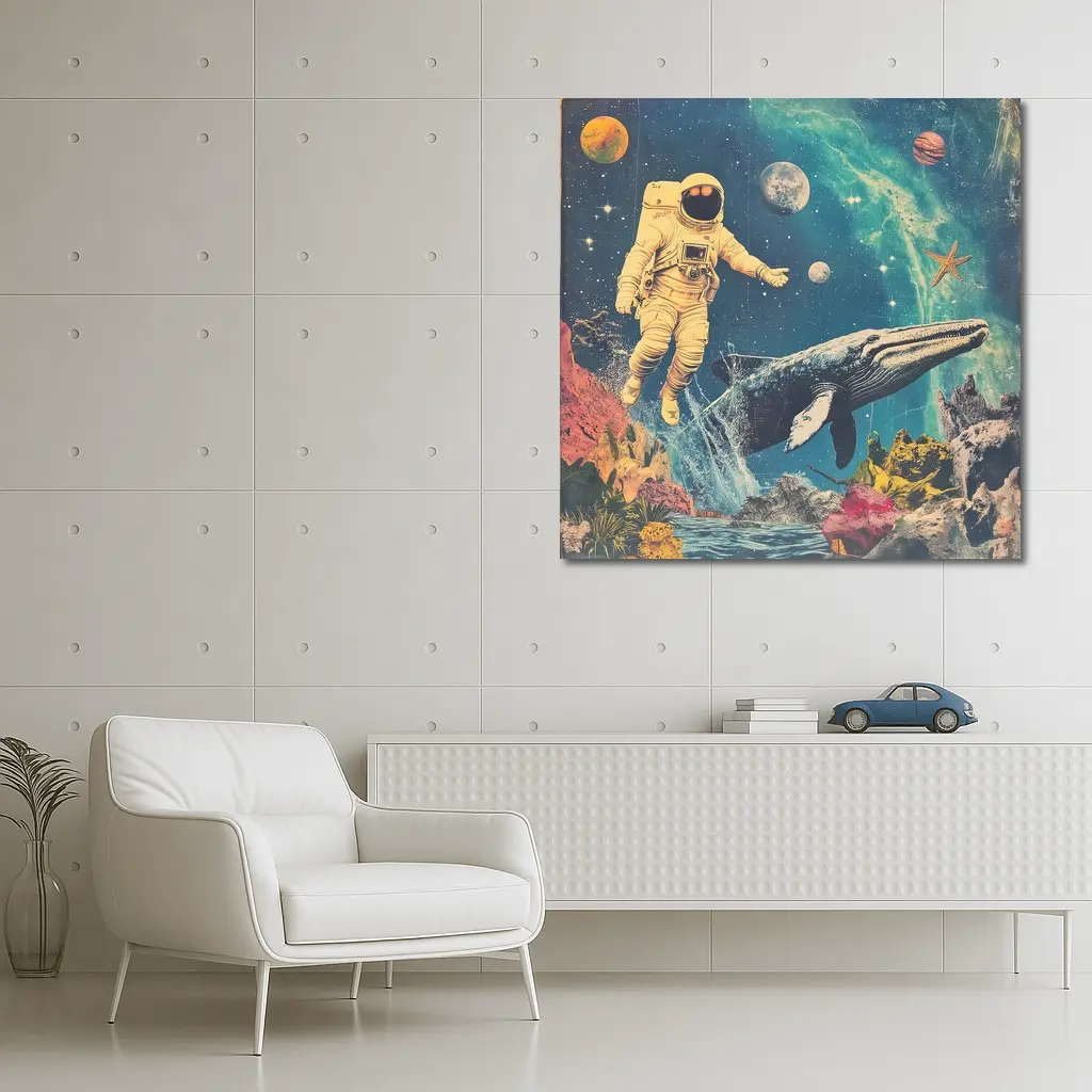 Astronaut Floating With Whale Retro Collage Space – Wall Art