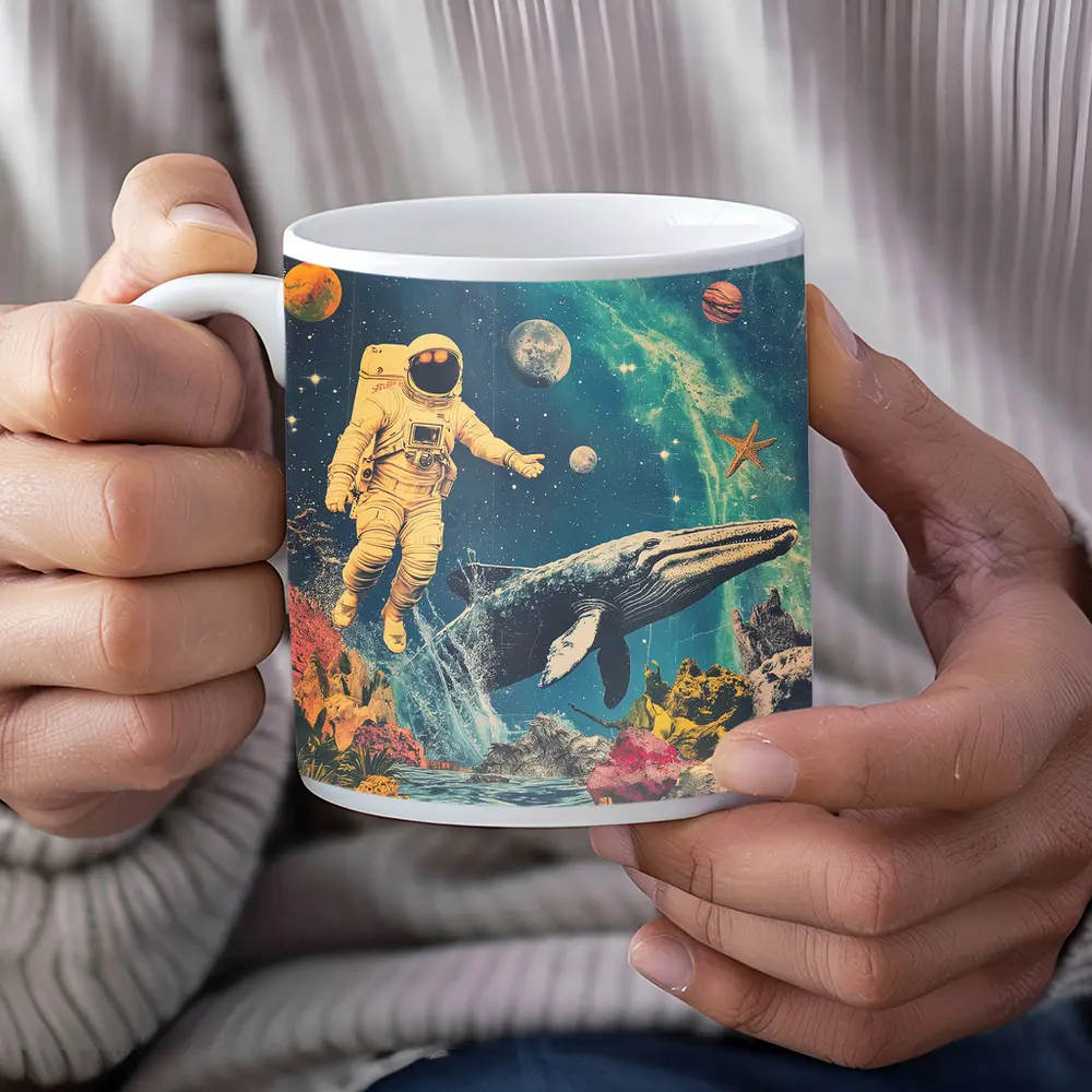 Astronaut Floating With Whale Retro Collage Space – Mugs