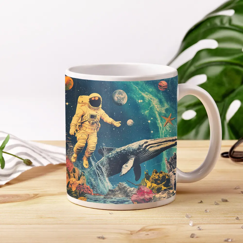Astronaut Floating With Whale Retro Collage Space – Mugs