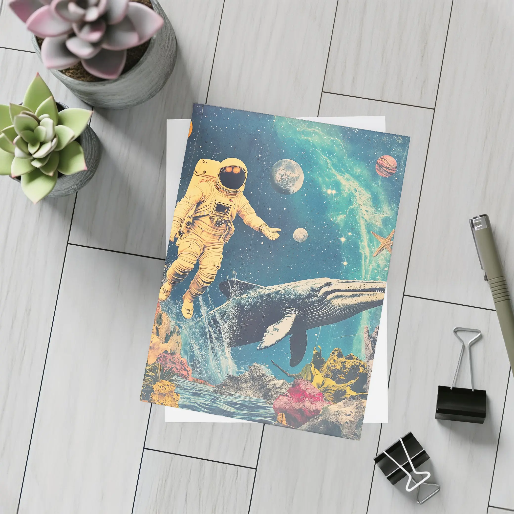 Astronaut Floating With Whale Retro Collage Space – Postcards