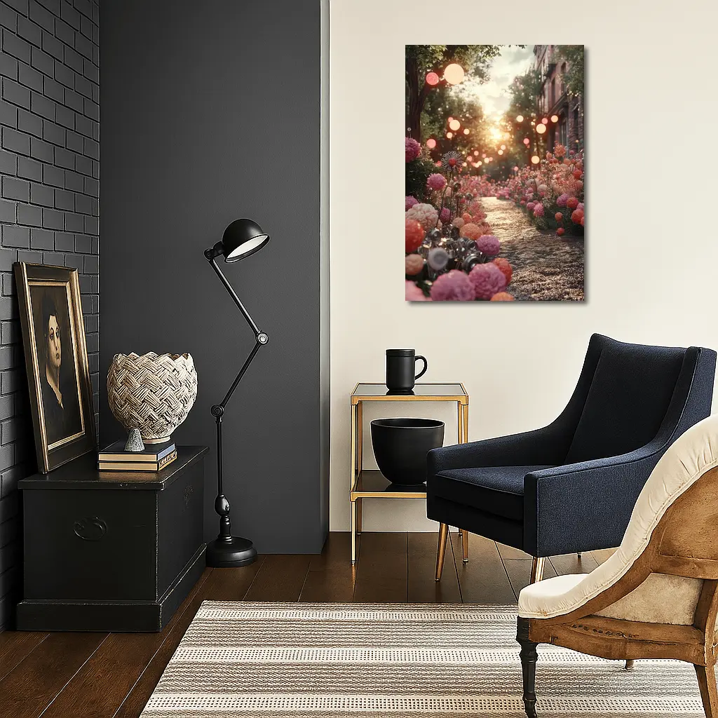 Pink Floral Garden Path Glowing Sunset – Wall Art