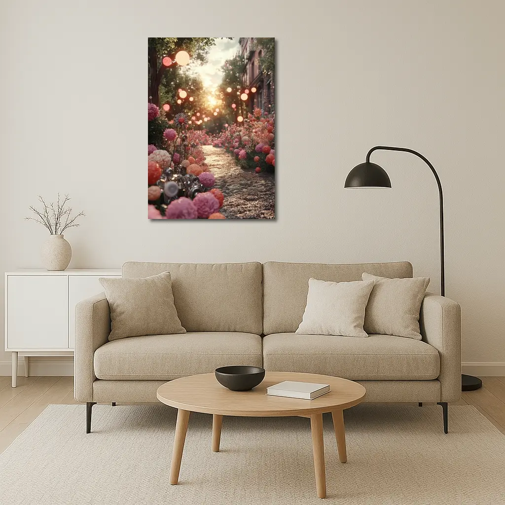 Pink Floral Garden Path Glowing Sunset – Wall Art