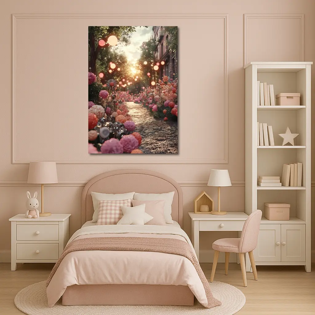Pink Floral Garden Path Glowing Sunset – Wall Art