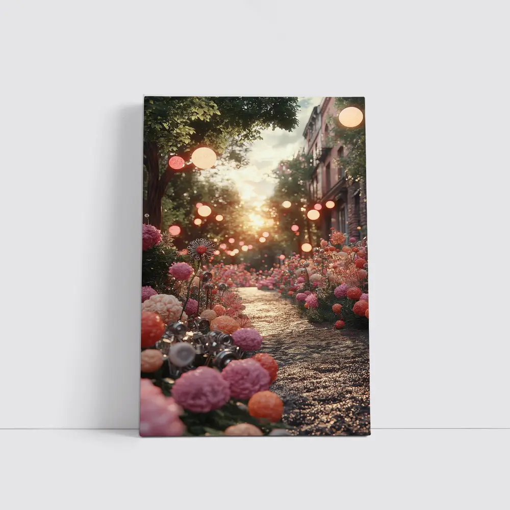 Pink Floral Garden Path Glowing Sunset – Wall Art