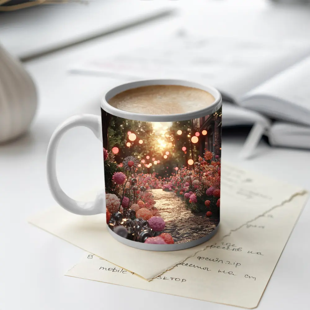 Pink Floral Garden Path Glowing Sunset – Mugs