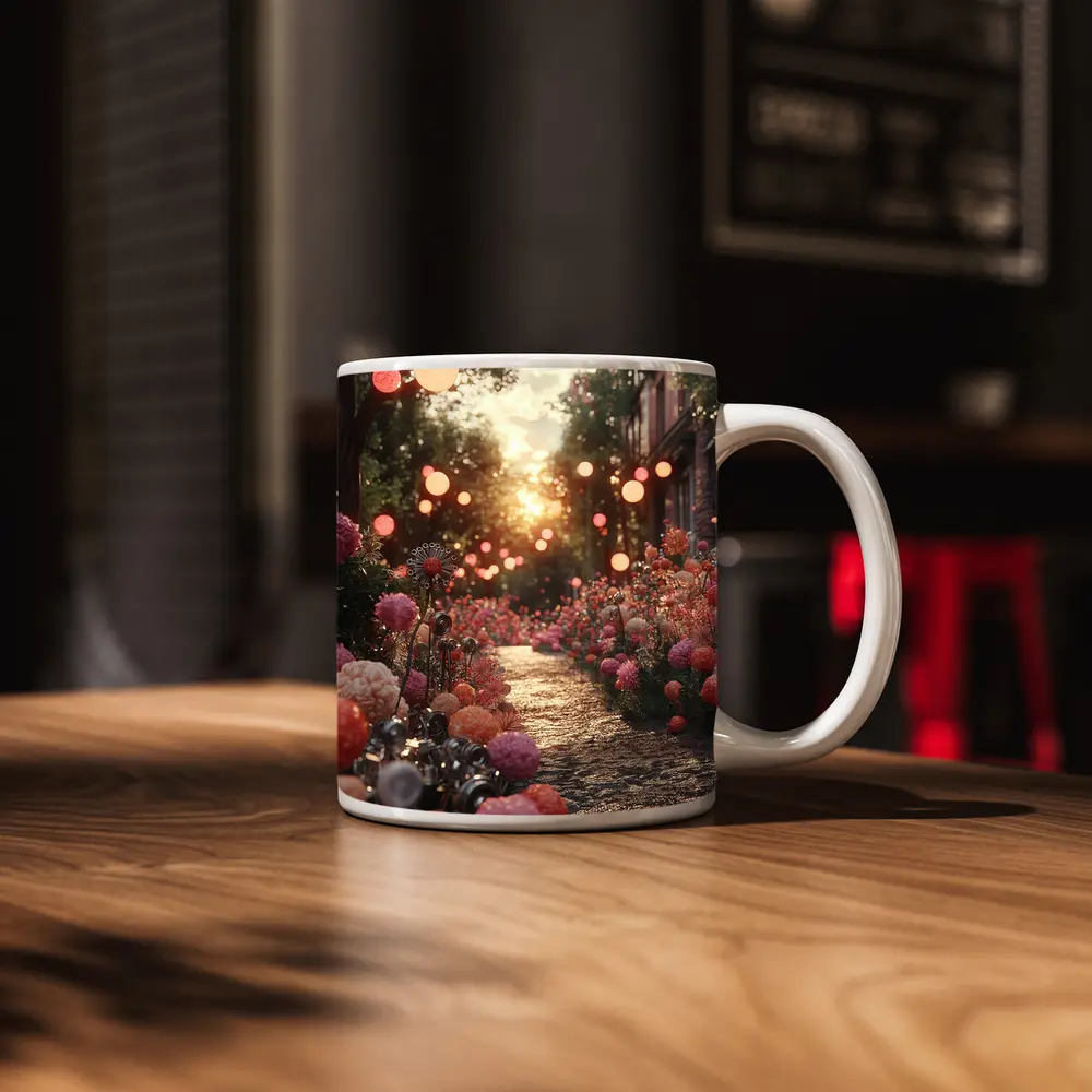 Pink Floral Garden Path Glowing Sunset – Mugs