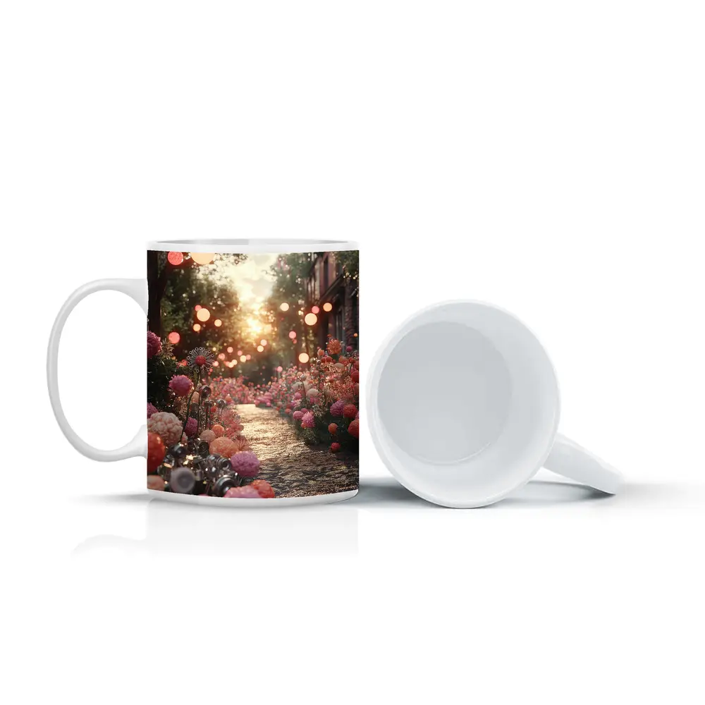 Pink Floral Garden Path Glowing Sunset – Mugs