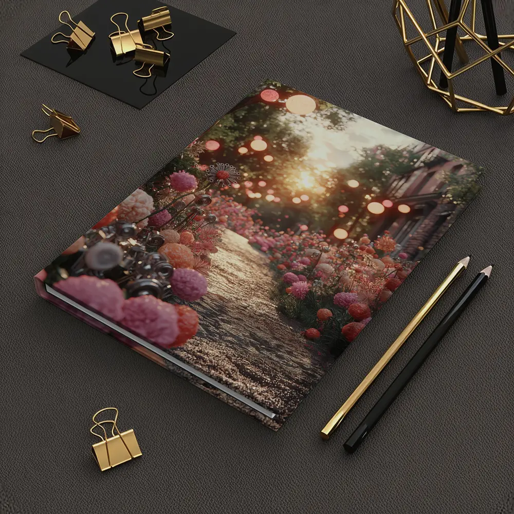 Pink Floral Garden Path Glowing Sunset – Notebooks