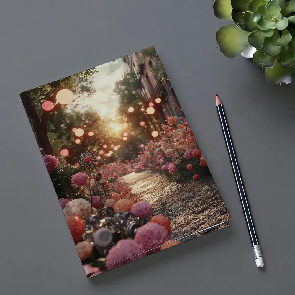 Pink Floral Garden Path Glowing Sunset – Notebooks