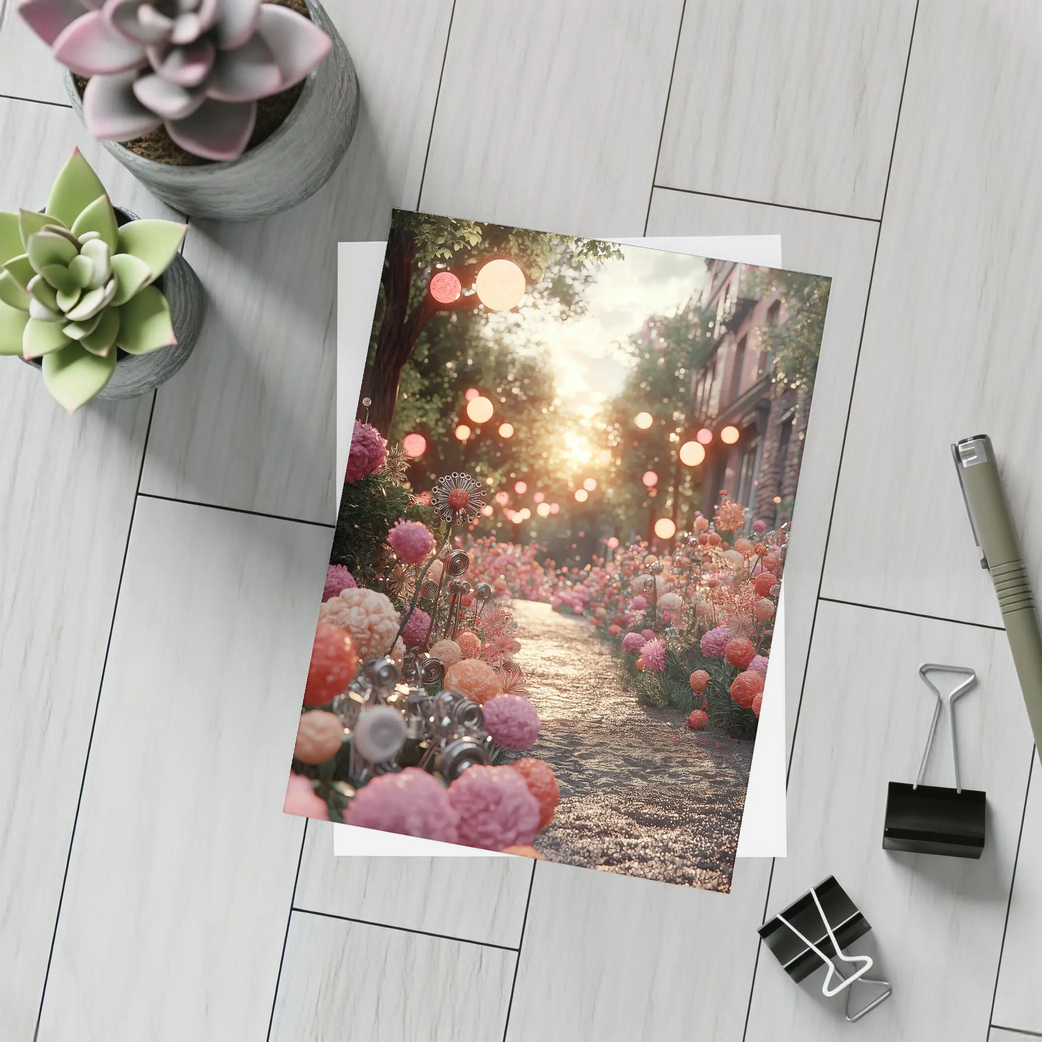 Pink Floral Garden Path Glowing Sunset – Postcards