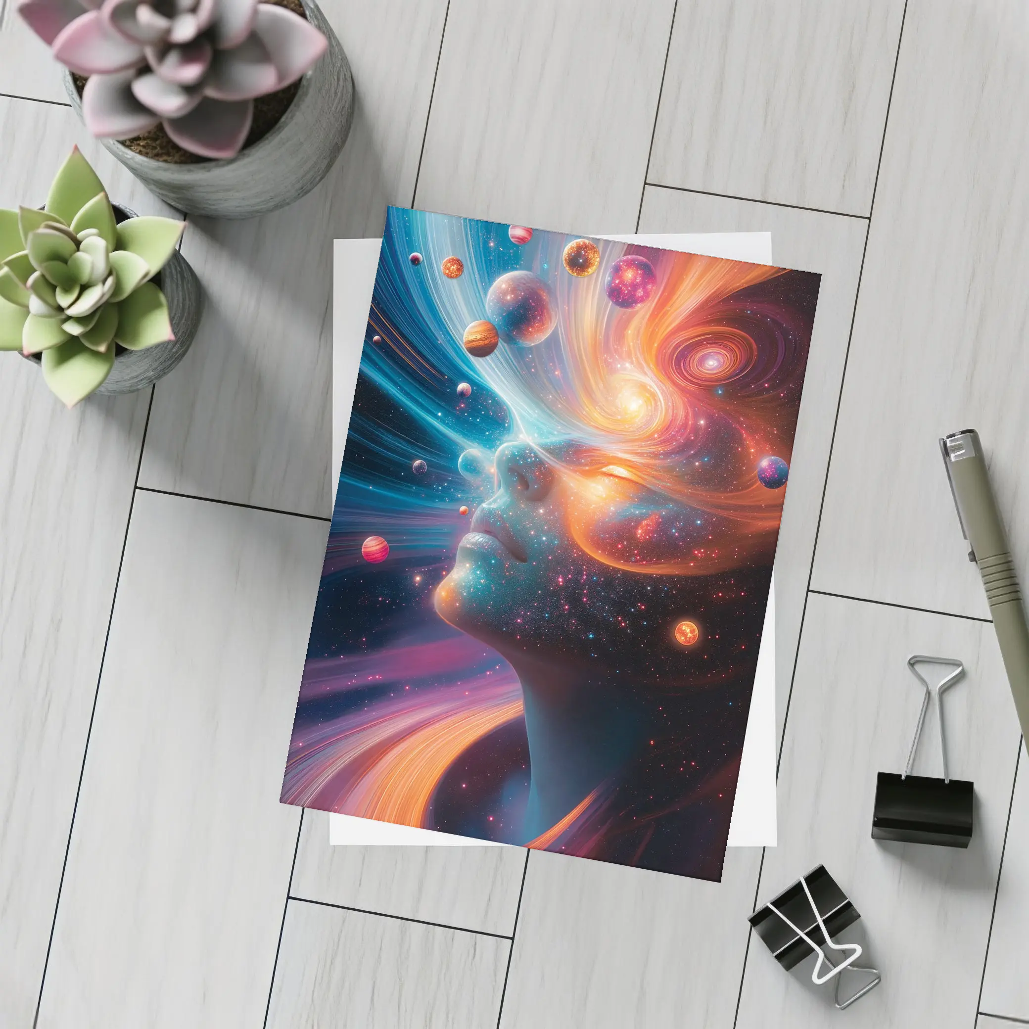 Cosmic Woman Face Space Planets Surreal Art – Postcards