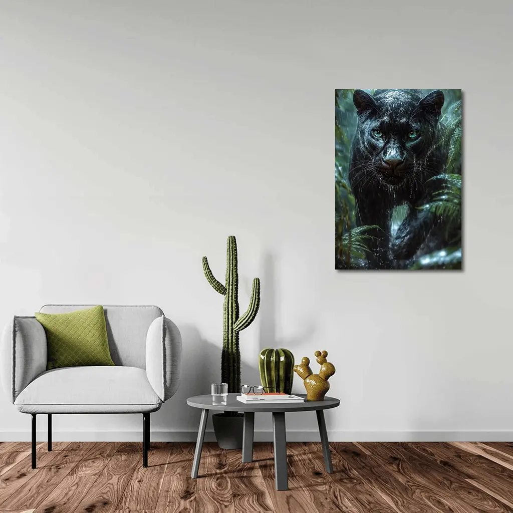 Black Panther Stalking Through Rainy Jungle – Wall Art