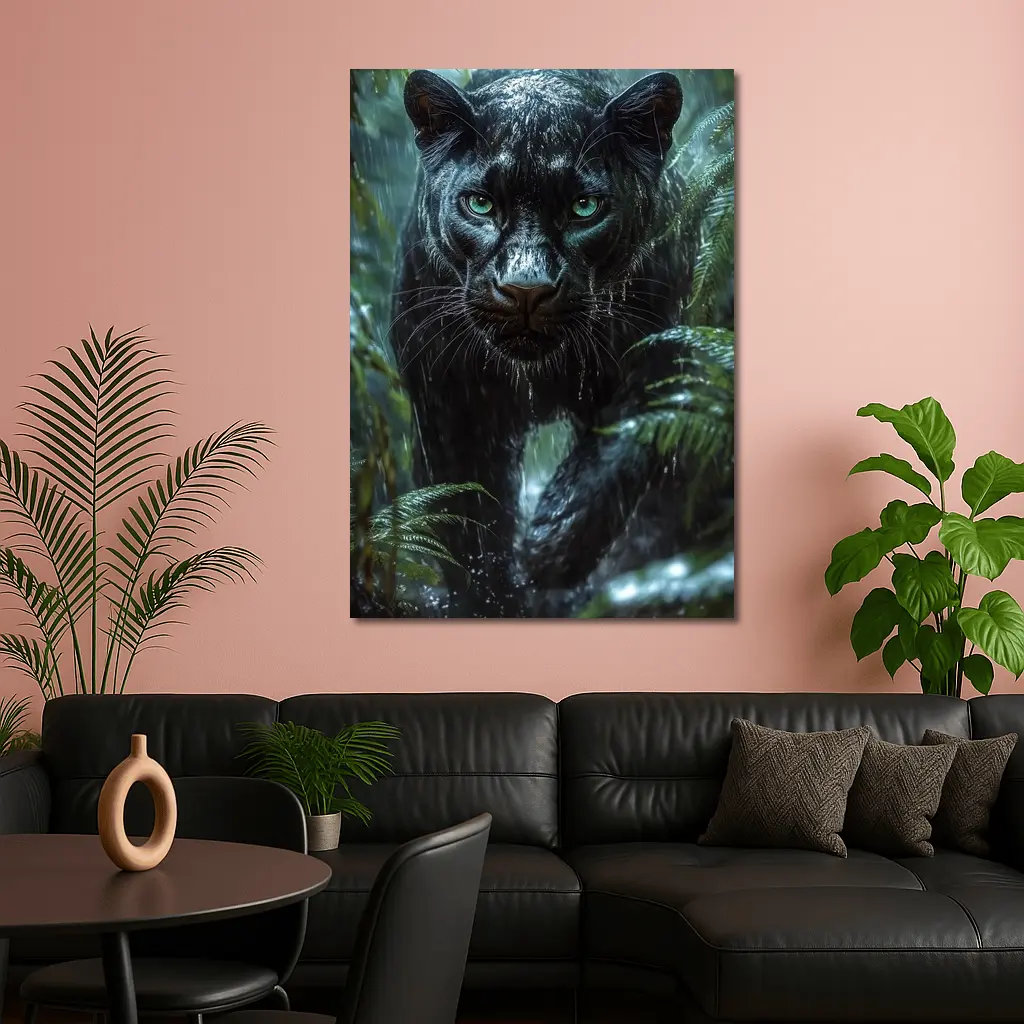 Black Panther Stalking Through Rainy Jungle – Wall Art