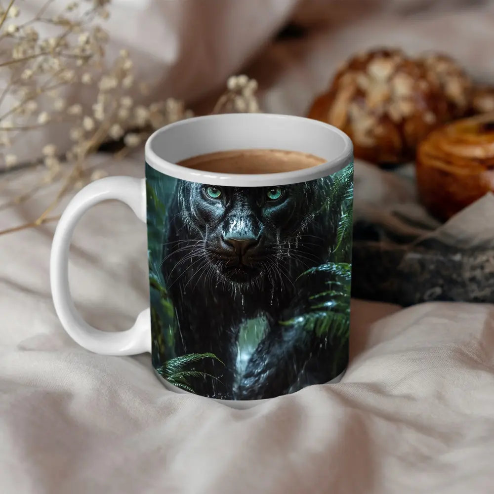 Black Panther Stalking Through Rainy Jungle – Mugs