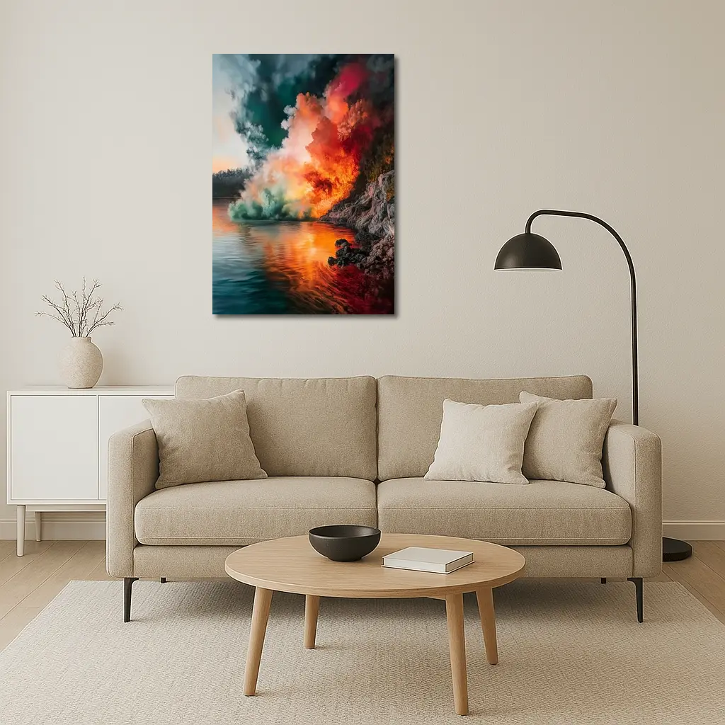 Colorful Smoke Explosion Over Rocky Lake – Wall Art