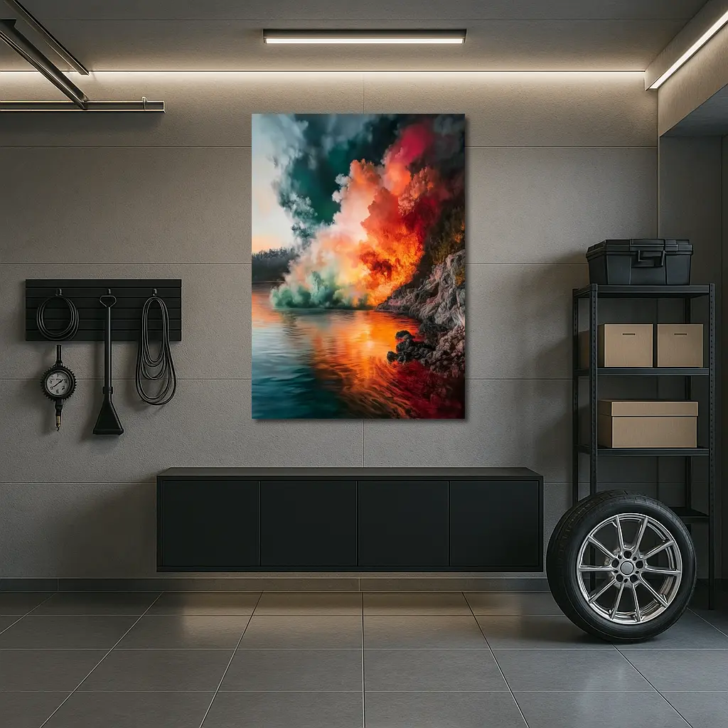 Colorful Smoke Explosion Over Rocky Lake – Wall Art