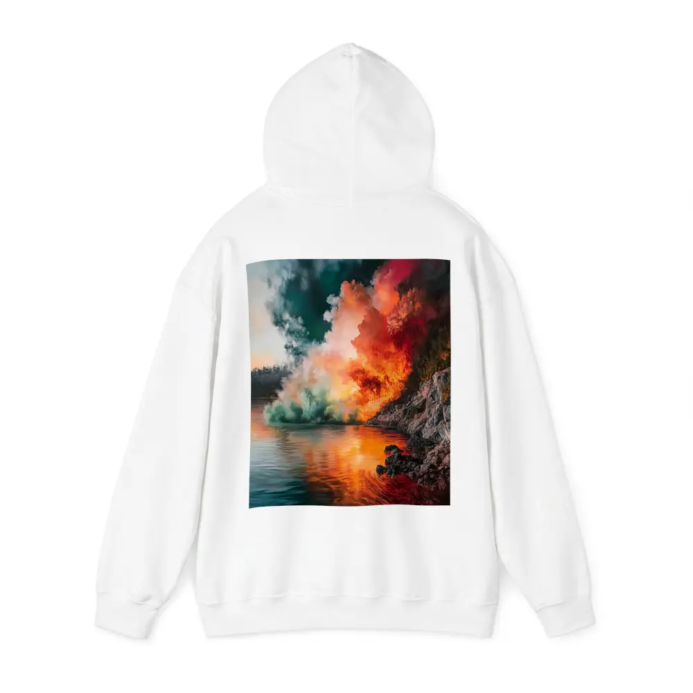 Colorful Smoke Explosion Over Rocky Lake – Hoodies