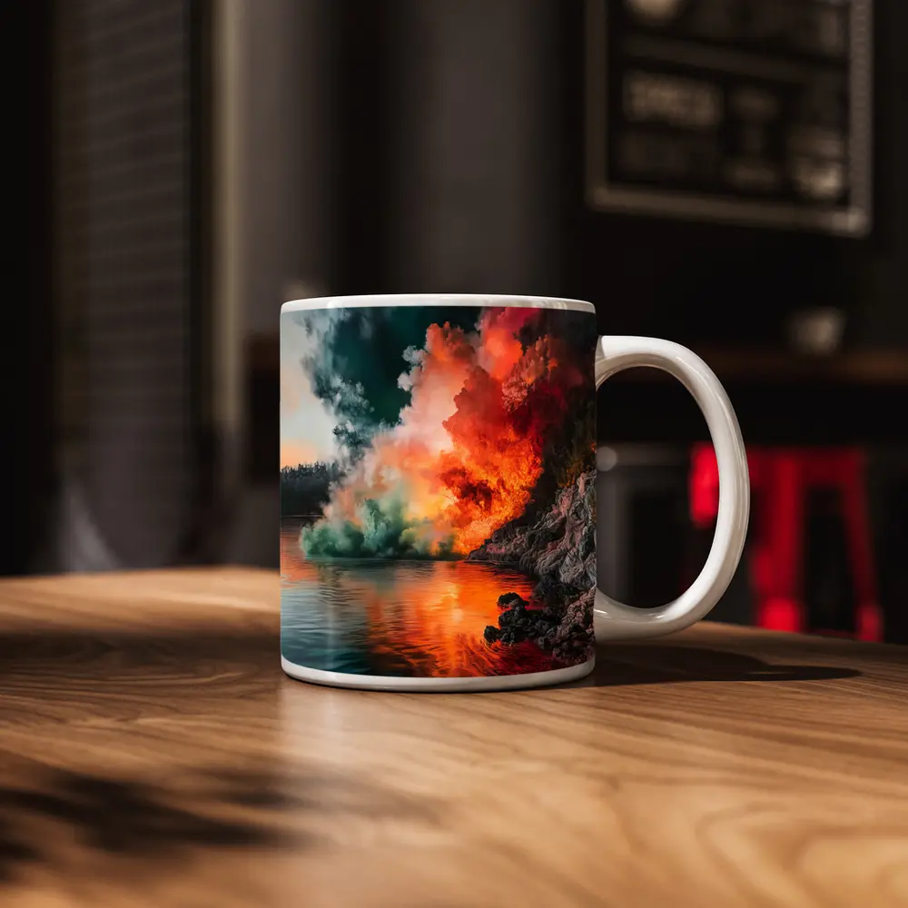 Colorful Smoke Explosion Over Rocky Lake – Mugs
