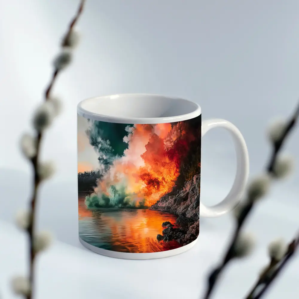 Colorful Smoke Explosion Over Rocky Lake – Mugs