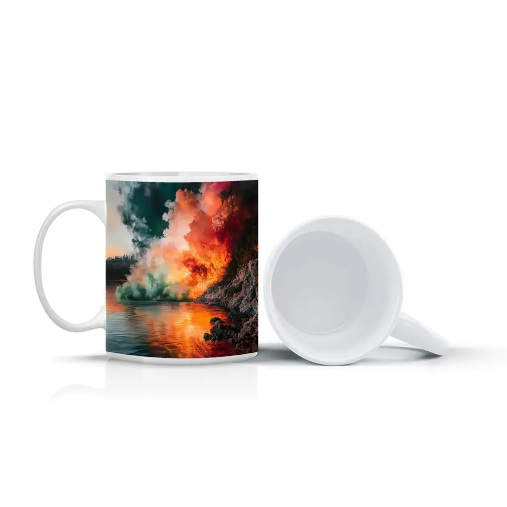 Colorful Smoke Explosion Over Rocky Lake – Mugs